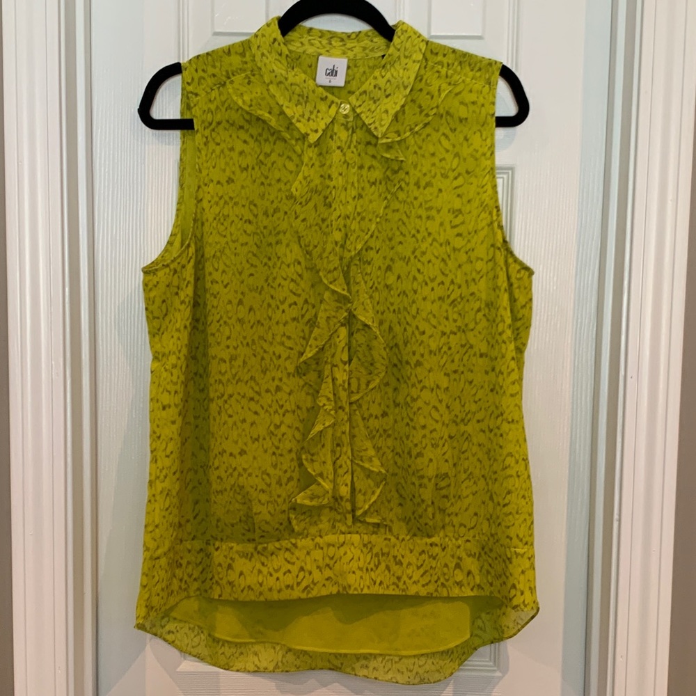 CAbi Reign Top Sleeveless Ruffle Front Blouse in Chartreuse Print